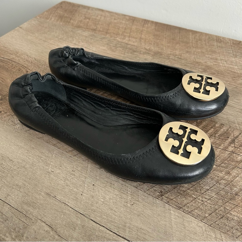 Tory Burch Black Flats with Gold Logo